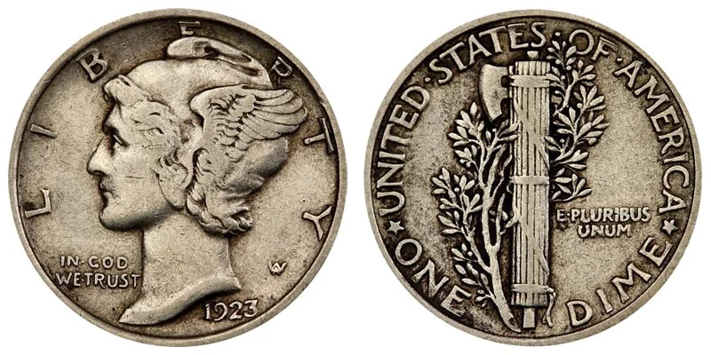 1923 Mercury dime obverse and reverse showing Liberty design and fasces