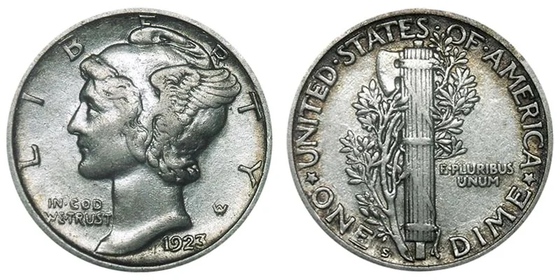 Comparison of 1923-S Mercury dime reverse — standard flat bands vs Full Bands separated designation