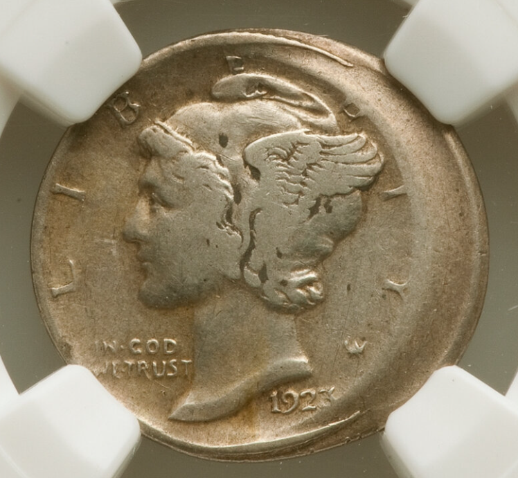 1923 Mercury dime off-center strike error showing misaligned design and blank planchet area