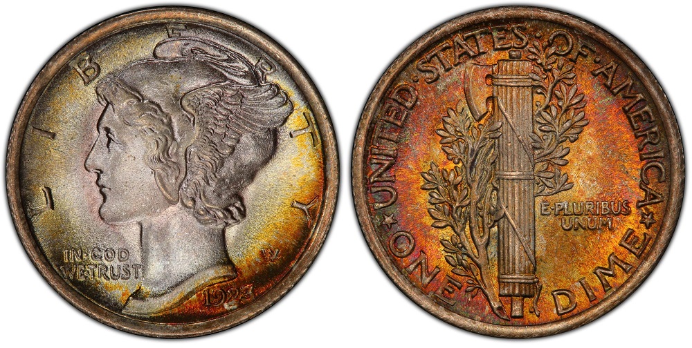 1923 Mercury dime grading strip showing four condition tiers from worn Good to Gem Uncirculated